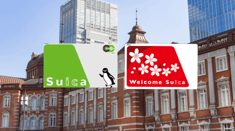 Suica and Welcome Suica cards displayed against Tokyo's historic architecture, symbolizing convenient travel in Japan.