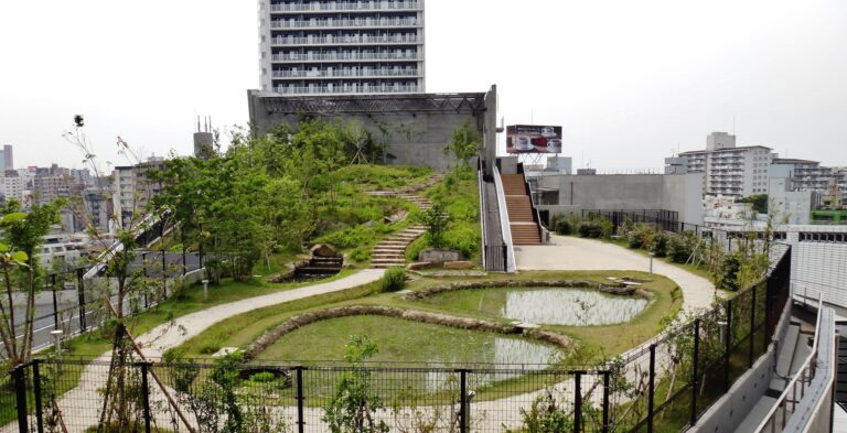 Urban rooftop garden featuring winding paths, landscaped greenery, and a tranquil pond, offering a serene escape in the city.