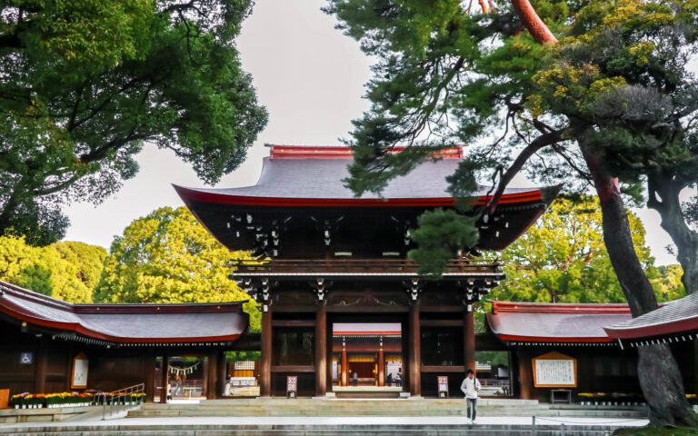 Historic Japanese shrine entrance surrounded by lush greenery, depicting cultural heritage and tranquility in nature.