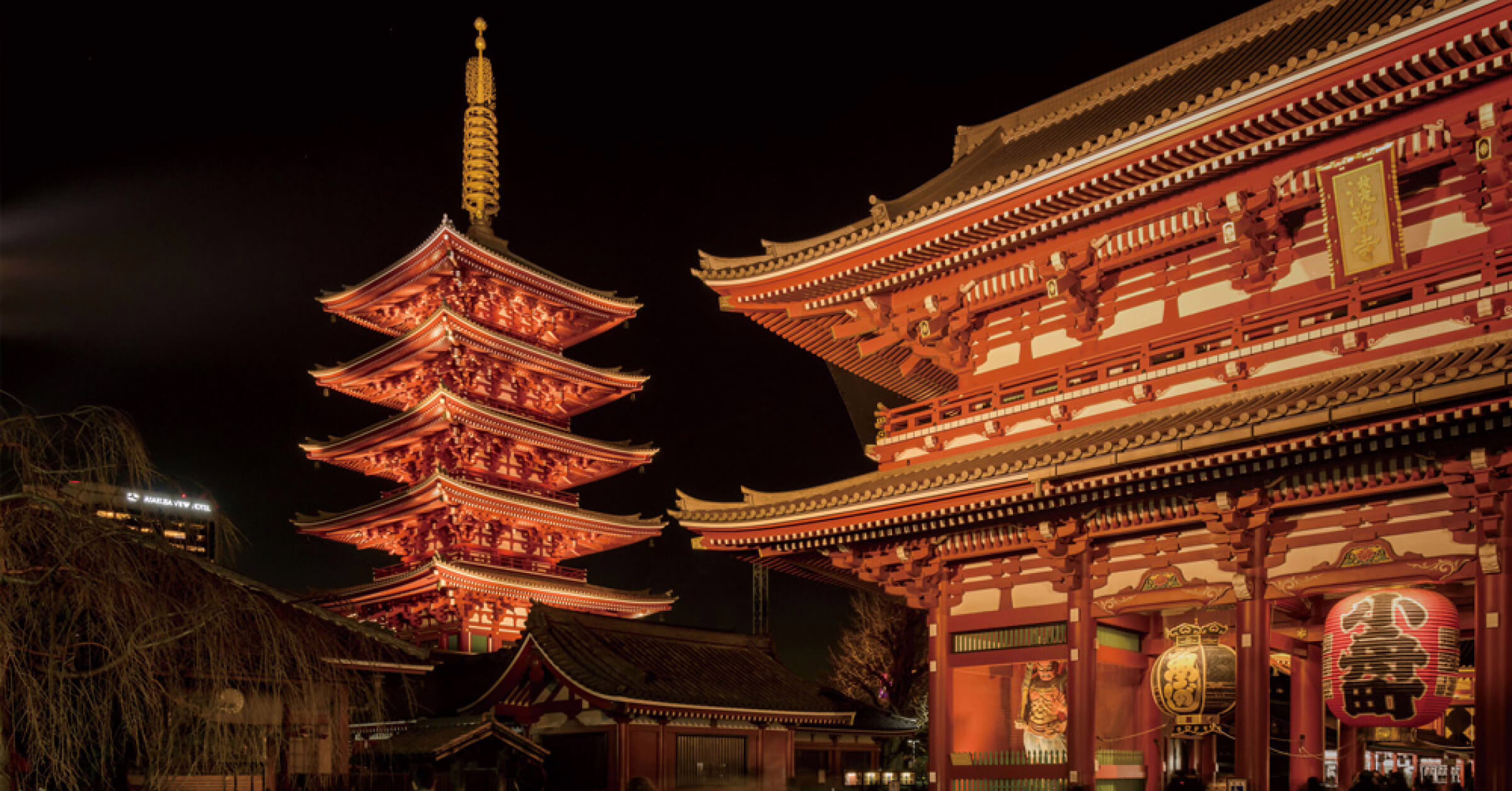 Illuminated pagoda and temple at night showcasing traditional Japanese architecture in a serene urban setting.