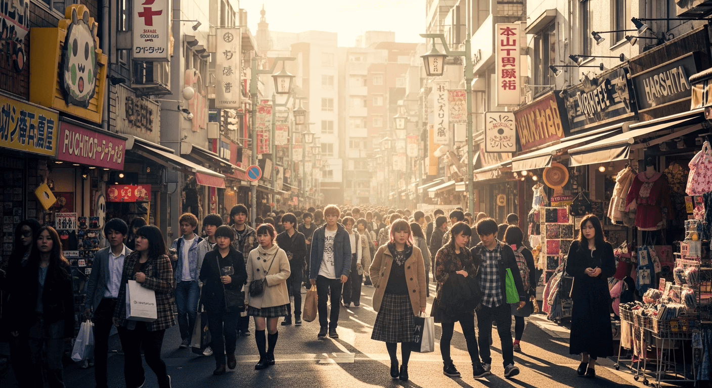 Bustling Takeshita Street scene in Tokyo with a diverse crowd shopping and enjoying the vibrant atmosphere of local shops.