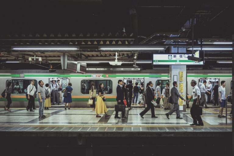 people standing and walking in train station