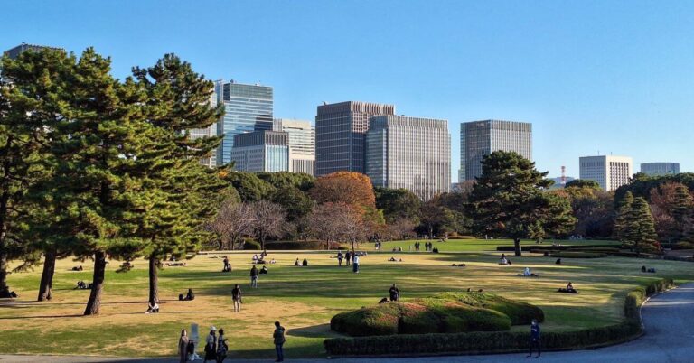 Urban park visitors enjoying a sunny day, surrounded by modern skyscrapers and lush greenery in a tranquil setting.