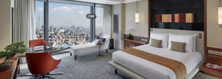 Luxurious hotel room with stunning city views, featuring modern decor, a cozy bed, and a relaxing lounge area.