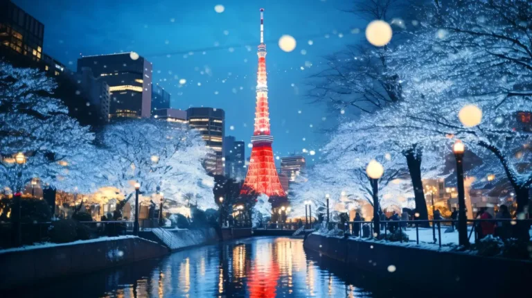 Tokyo Tower illuminated in red amidst a serene snowy night, surrounded by glowing trees and a peaceful canal setting.
