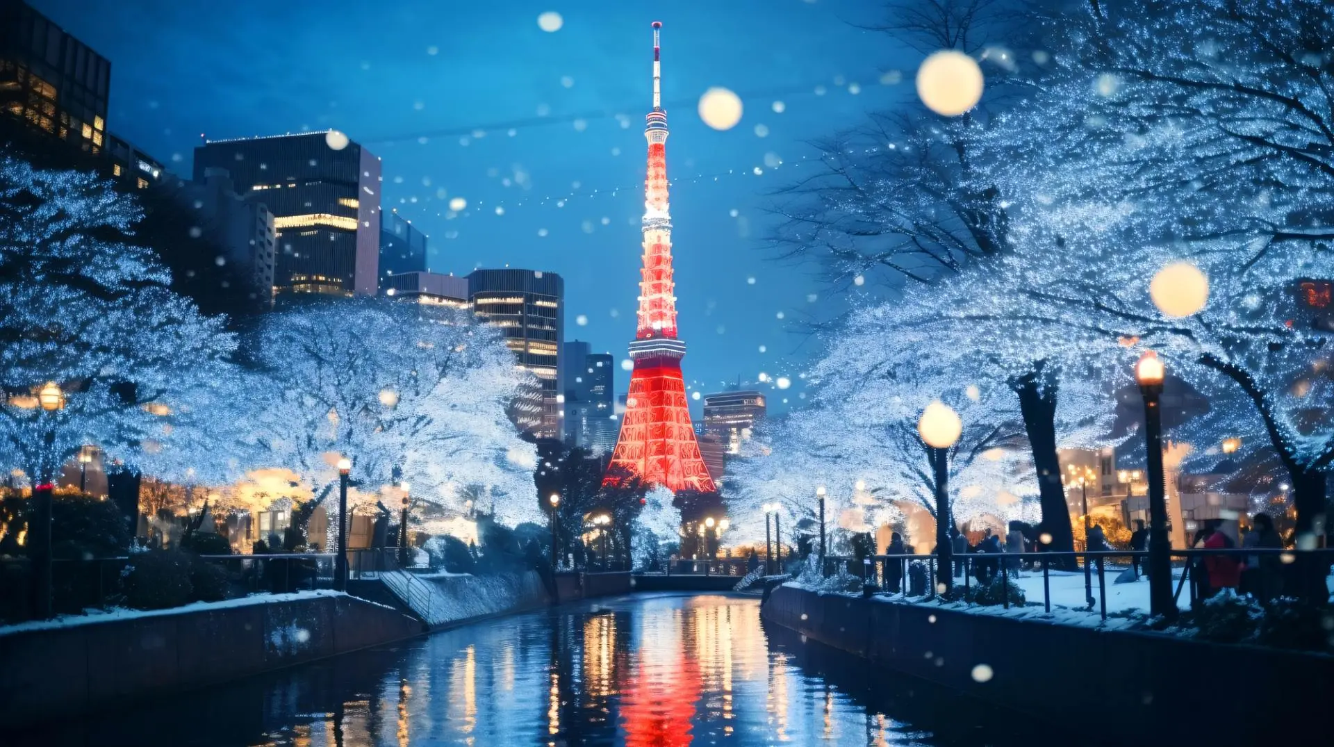 Tokyo Tower illuminated in red amidst a serene snowy night, surrounded by glowing trees and a peaceful canal setting.