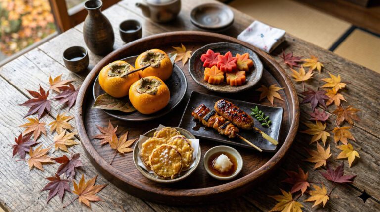 A beautifully arranged Japanese meal featuring persimmons, colorful shaped sweets, and grilled yakitori on a rustic wooden table.
