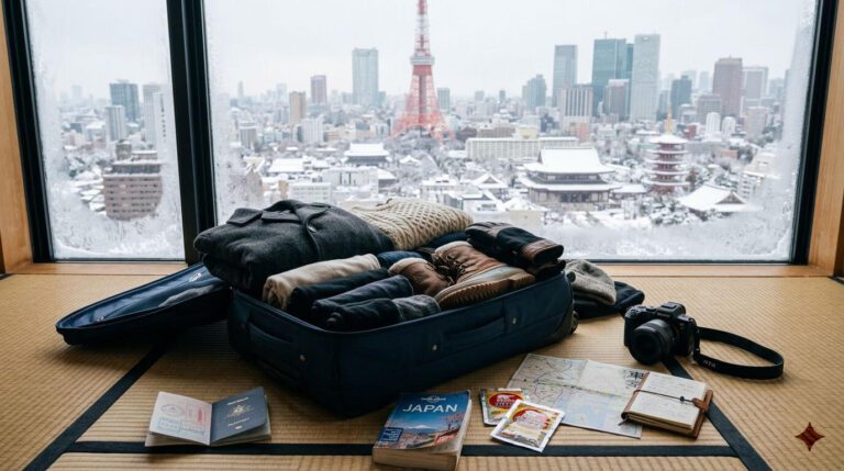 Packed suitcase with winter clothing and travel essentials beside a window showcasing snowy Tokyo, enhancing travel inspiration.