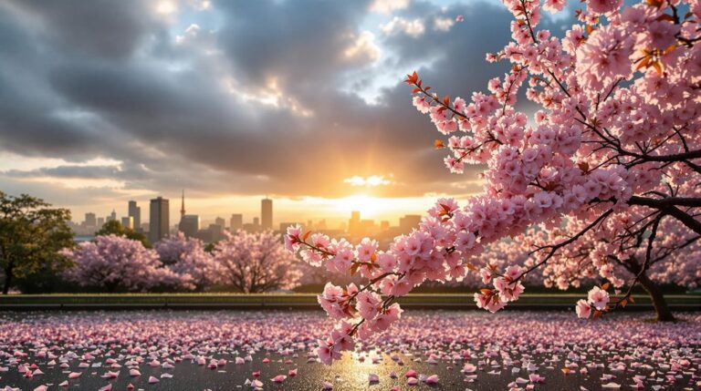 Cherry blossoms in bloom at sunset, with a city skyline in the background, creating a serene and picturesque scene.