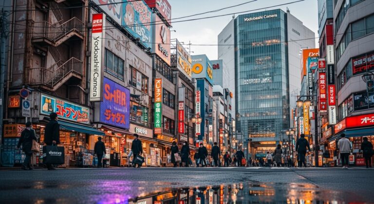 Busy urban street in Japan with neon signs, shops, and pedestrians reflecting in rain-soaked pavement, showcasing local culture.