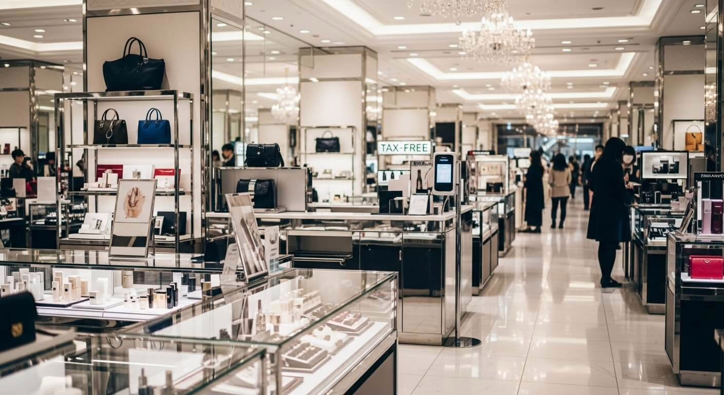 Luxury retail space bustling with shoppers exploring skincare products and designer handbags under elegant lighting.