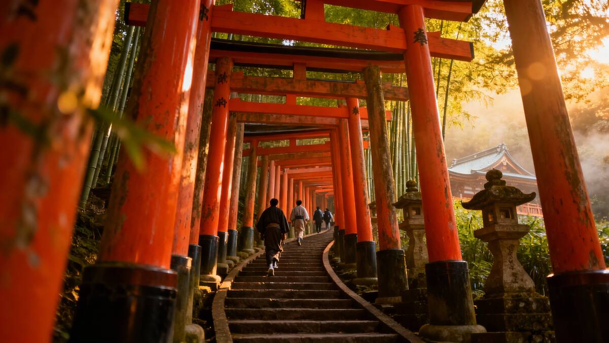 Visitors walk up a winding stone path through vibrant red torii gates in a serene bamboo forest at sunrise.
