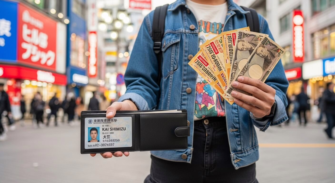 Student holding a wallet with ID and yen currency, capturing the vibrant atmosphere of a bustling city street.