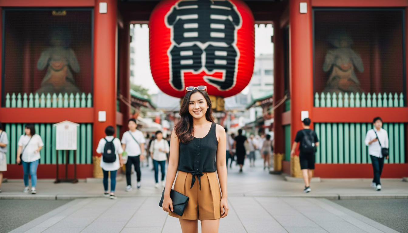 Smiling woman in casual attire stands at Senso-ji Temple entrance, with vibrant lantern and bustling street scene behind her.
