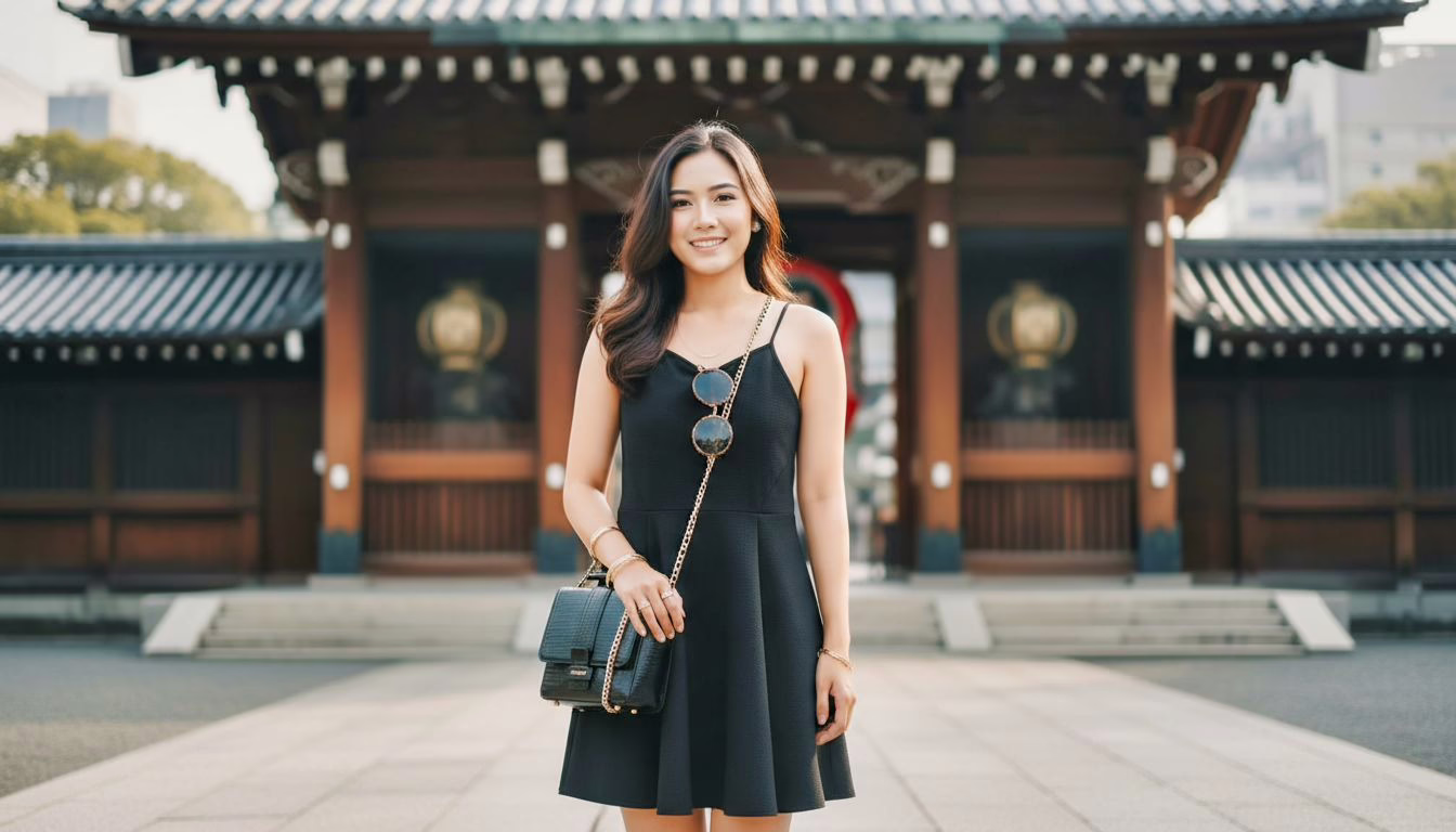 A woman in a stylish black dress poses confidently outside a traditional temple, showcasing urban fashion and cultural beauty.
