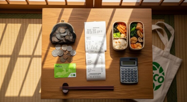 Budgeting for meals is easier with a calculator, receipts, and a lunch box filled with colorful vegetables and rice.