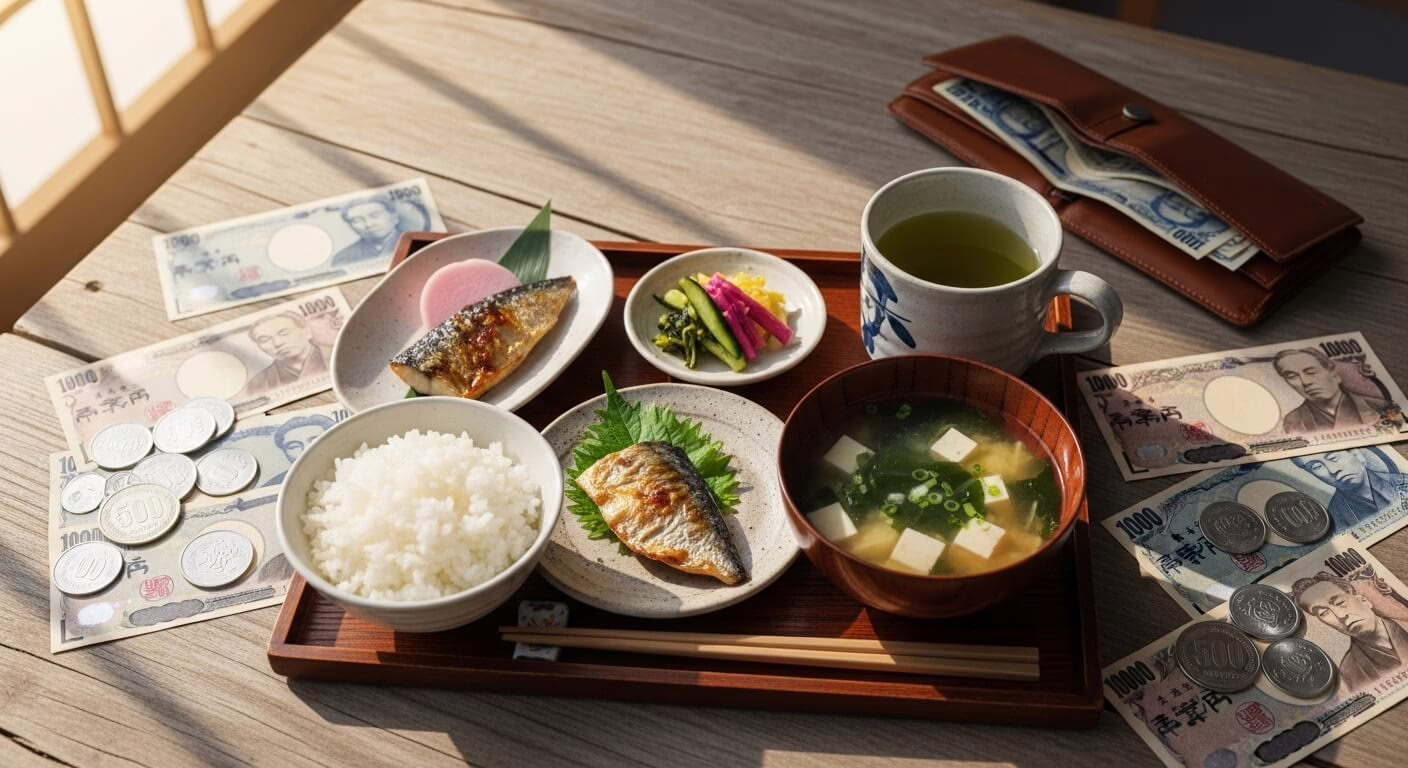 Traditional Japanese meal featuring grilled fish, rice, miso soup, and green tea, arranged alongside Japanese currency on a table.