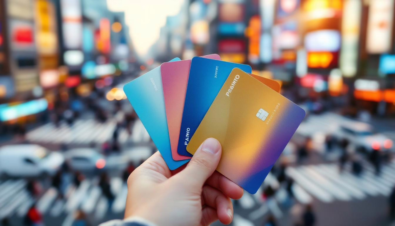 Colorful Tokyo Day Pass Options held up against a bustling urban backdrop, symbolizing modern payment solutions and financial freedom.