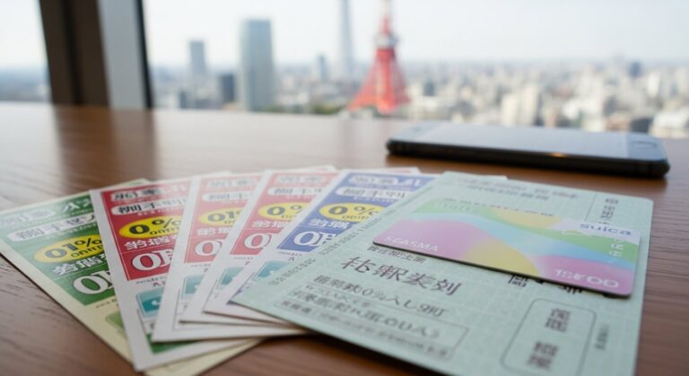 Tokyo skyline backdrop showcases Suica card alongside various promotional leaflets for local transportation discounts.