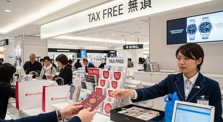 Customer at a tax-free counter in a retail store, exchanging a passport for discounts while shopping in Japan.