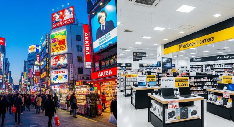 Busy Akihabara street filled with colorful advertisements, leading to a modern Yodobashi Camera store showcasing electronics.