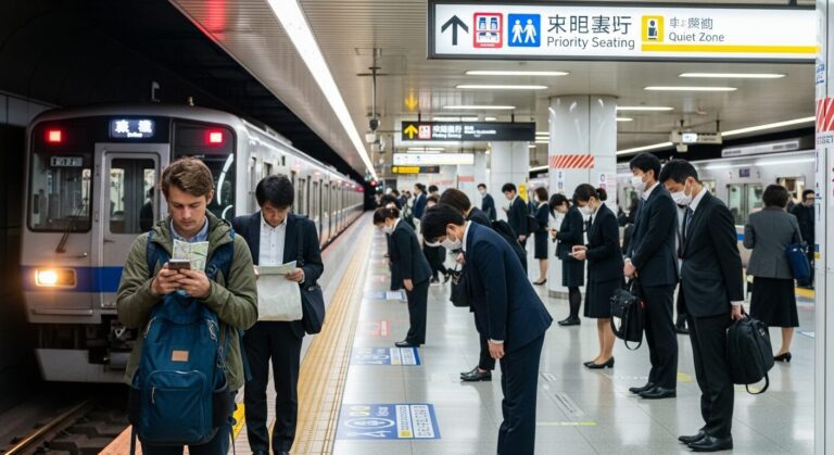 Commuters in business attire at a Tokyo subway station, focused on their devices as trains arrive, showcasing urban life in Japan.
