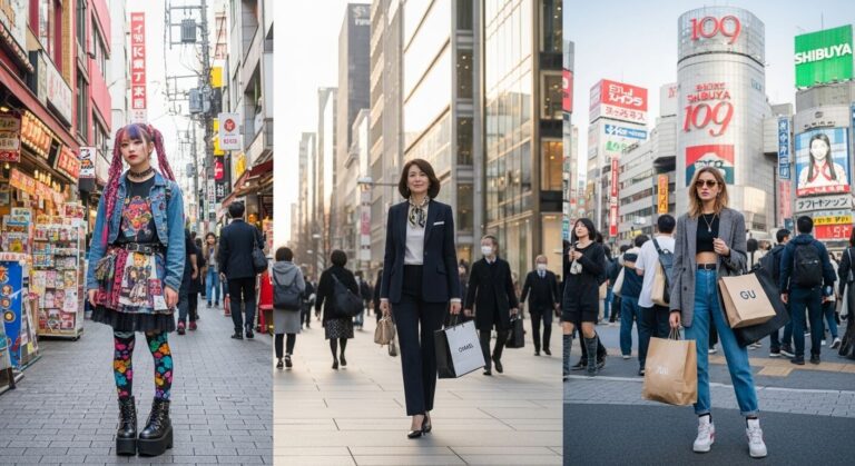 Three stylish individuals in Tokyo showcase diverse fashion trends, blending vibrant street style with sophisticated urban chic.