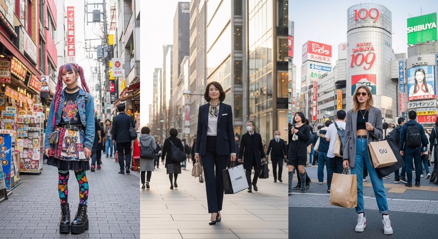 Three stylish individuals in Tokyo showcase diverse fashion trends, blending vibrant street style with sophisticated urban chic.