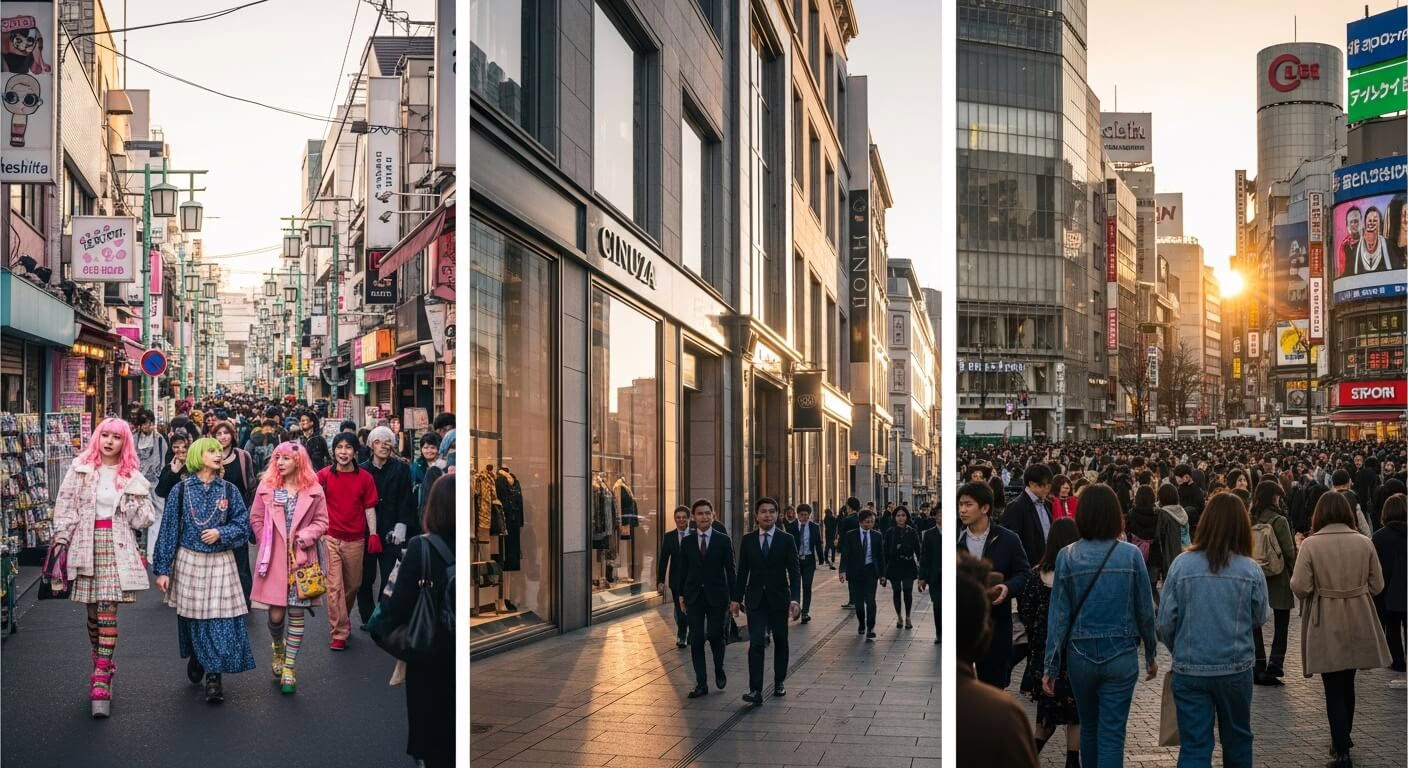 Bustling Tokyo streets showcase vibrant fashion, diverse crowds, and dynamic urban life at sunset, highlighting cultural contrast.