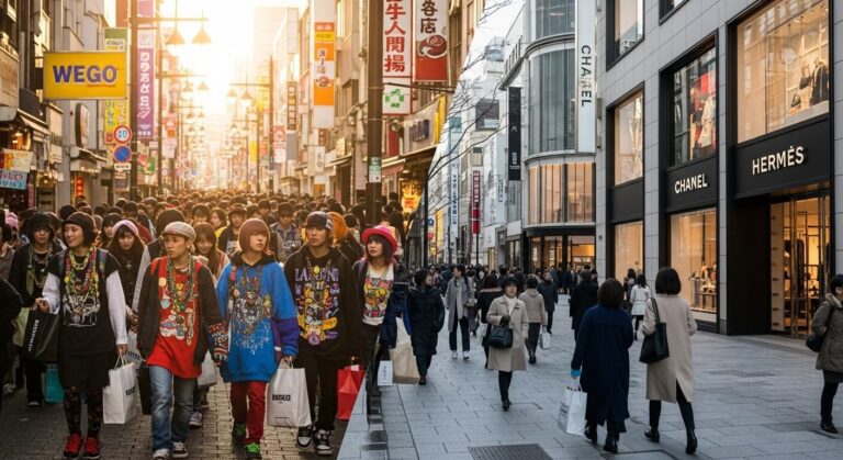 Bustling street in Tokyo with fashionable youth shopping and stylish adults exploring luxury brands like Chanel and Hermès.