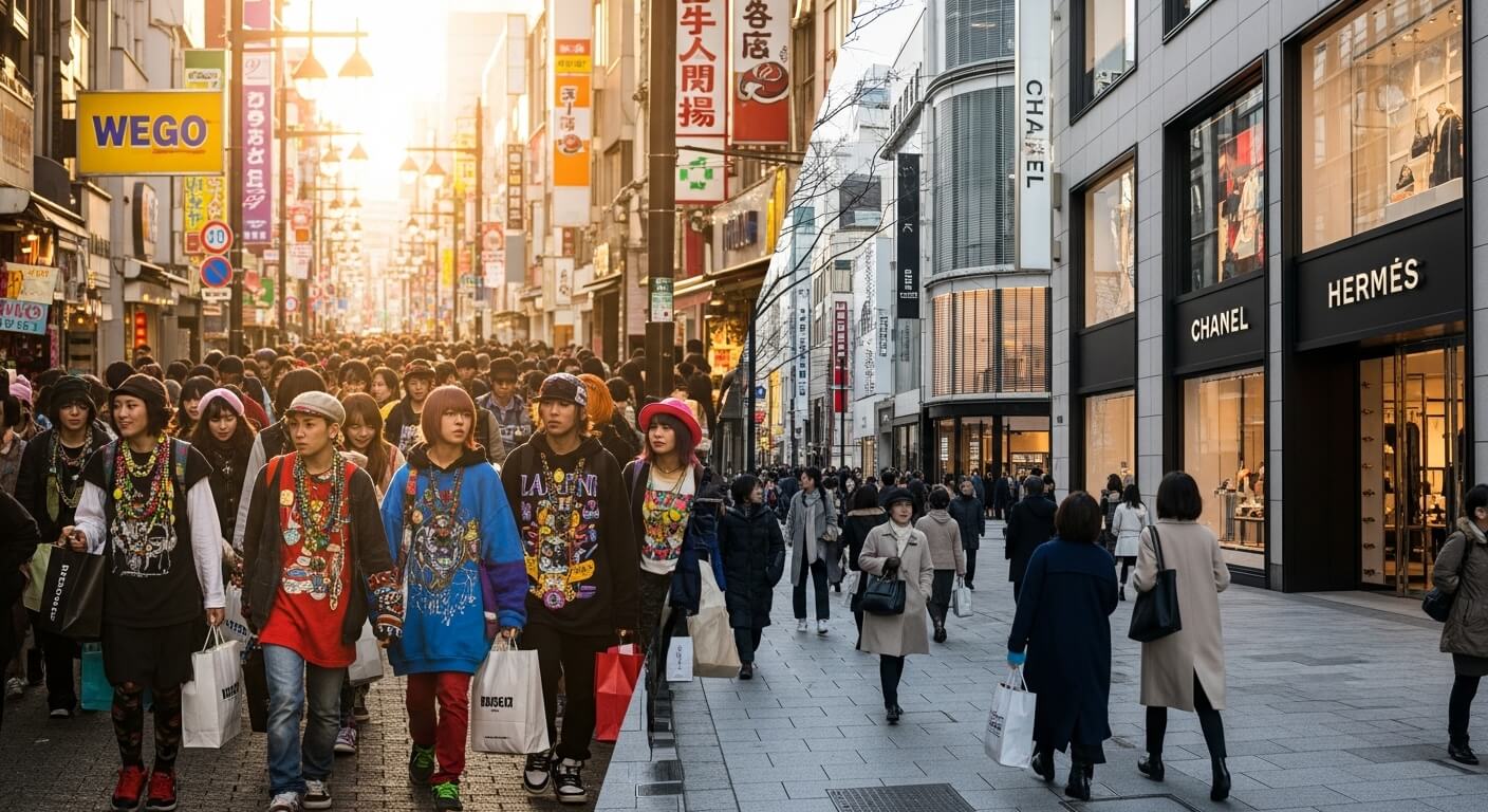 Bustling street in Tokyo with fashionable youth shopping and stylish adults exploring luxury brands like Chanel and Hermès.