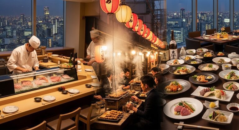 Sushi chef preparing fresh fish in a modern restaurant with city skyline views, showcasing vibrant Japanese cuisine.