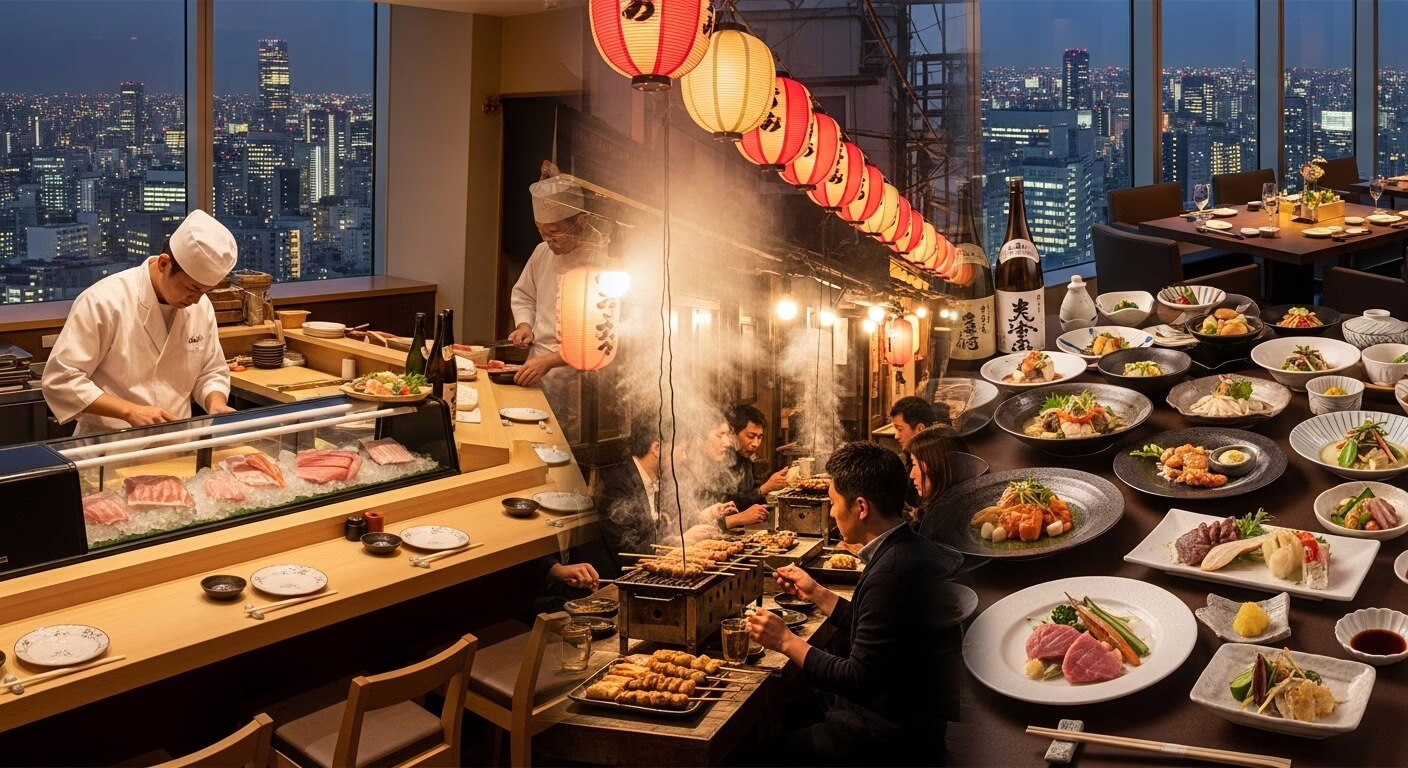 Sushi chef preparing fresh fish in a modern restaurant with city skyline views, showcasing vibrant Japanese cuisine.