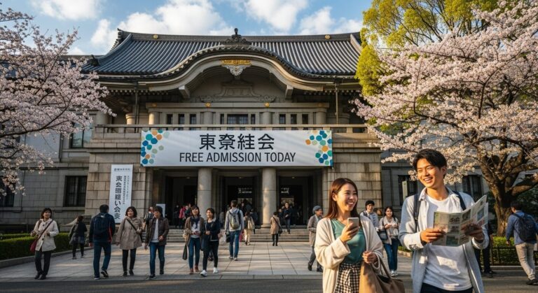 Visitors enjoying cherry blossoms and exploring a cultural venue during a free admission event, creating a lively atmosphere.