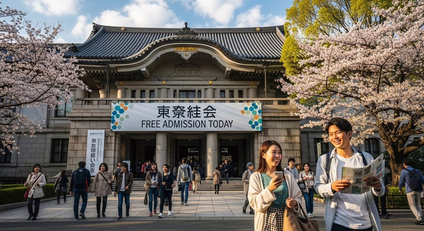 Visitors enjoying cherry blossoms and exploring a cultural venue during a free admission event, creating a lively atmosphere.