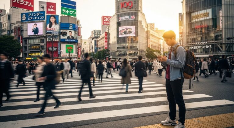 Busy Shibuya crossing at sunset, featuring a man checking his phone amidst a bustling crowd of commuters.