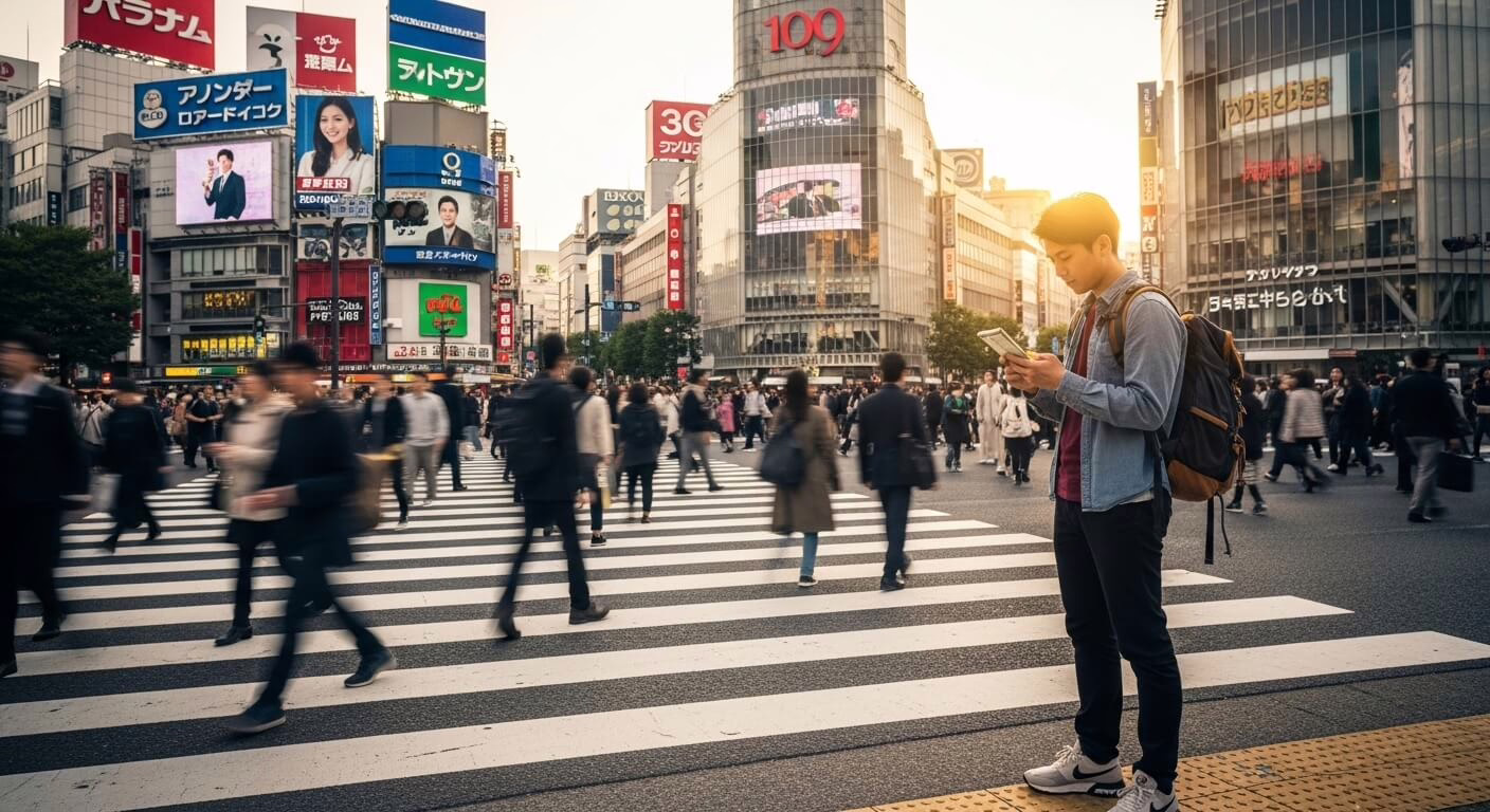 Busy Shibuya crossing at sunset, featuring a man checking his phone amidst a bustling crowd of commuters.