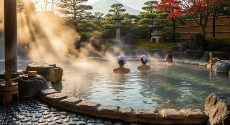 Relaxing hot spring experience with steaming water and serene surroundings, promoting wellness and tranquility in nature.