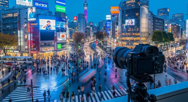 Vibrant cityscape at twilight with bustling Shibuya crossing and a camera capturing the dynamic urban life in Tokyo.