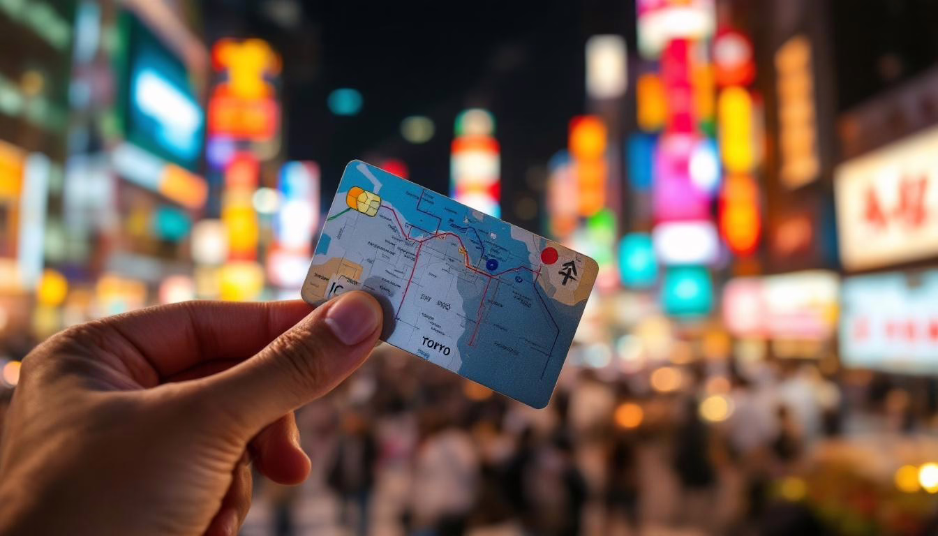 Hand holding a Tokyo subway map card against a vibrant, illuminated cityscape, showcasing urban travel excitement.