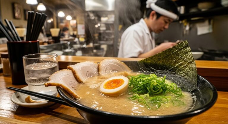 A steaming bowl of rich ramen topped with pork, a soft-boiled egg, and green onions, reflecting Japanese culinary traditions.