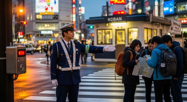Traffic officer assisting tourists with a map at a busy city intersection illuminated by evening lights.