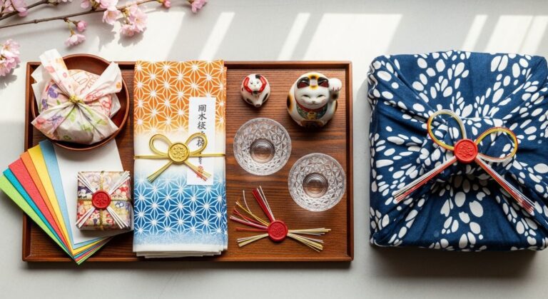 Elegant Japanese decor with vibrant textiles, traditional gifts, and symbolic cat figurines, perfect for celebratory occasions.