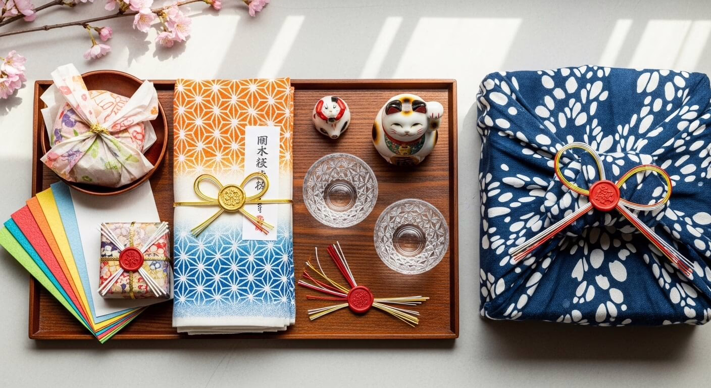 Elegant Japanese decor with vibrant textiles, traditional gifts, and symbolic cat figurines, perfect for celebratory occasions.