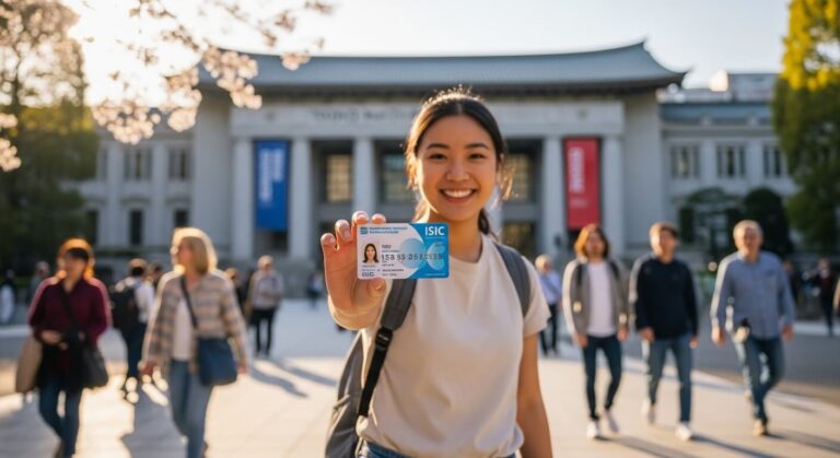 Cheerful student proudly displaying an ISIC card in a bustling city square, symbolizing student travel benefits and cultural experiences.