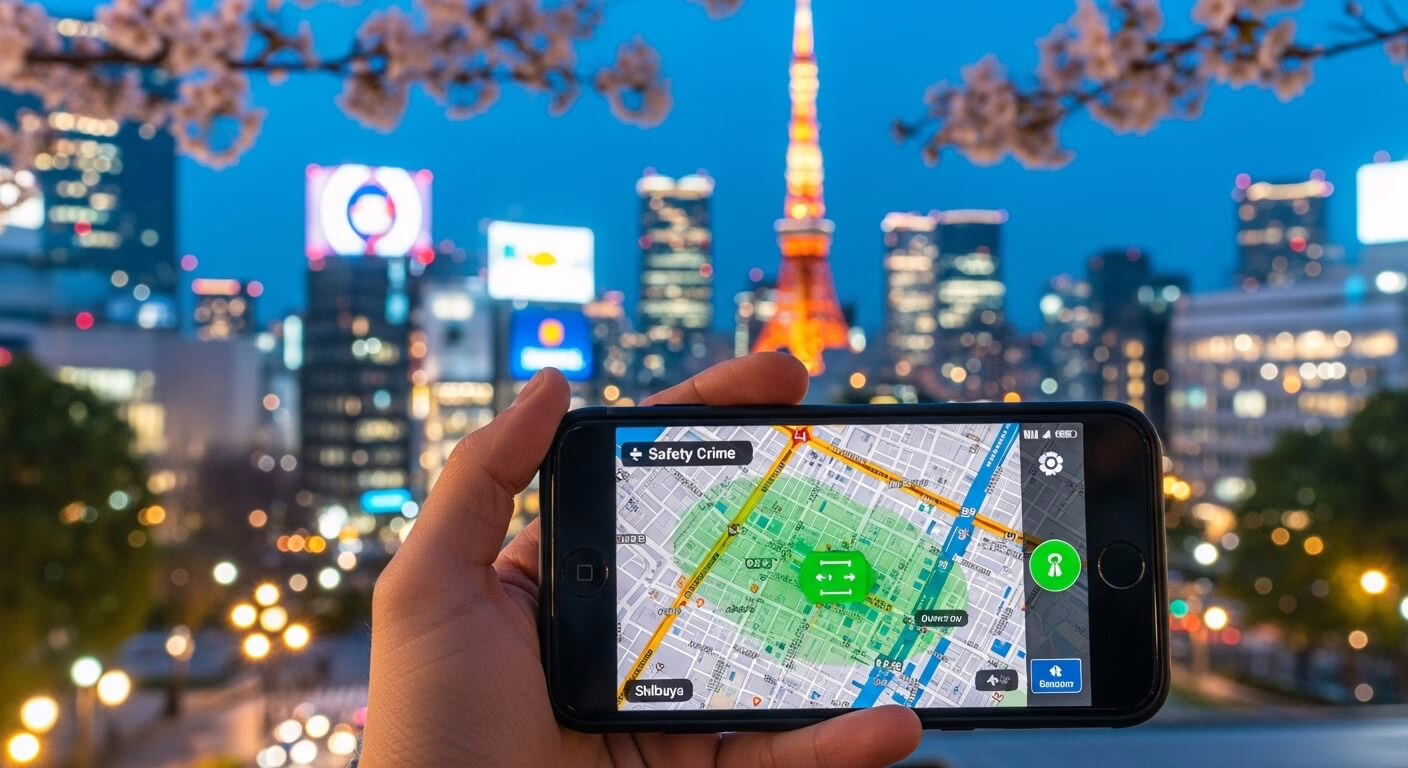 User holding a smartphone displaying a city map with safety features, set against Tokyo's skyline and cherry blossoms.