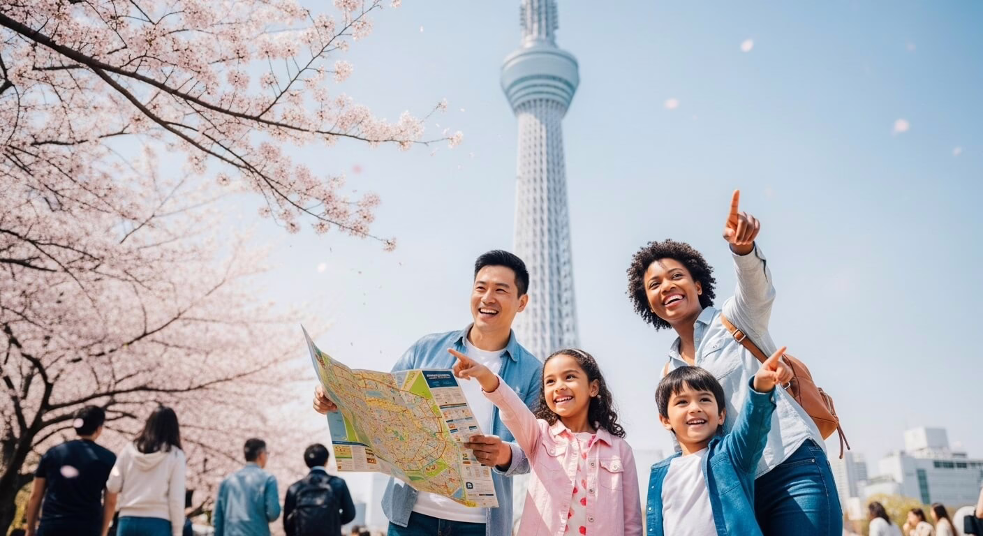 Family enjoying a day in Tokyo, pointing at sights with a map, surrounded by cherry blossoms and the Tokyo Skytree.