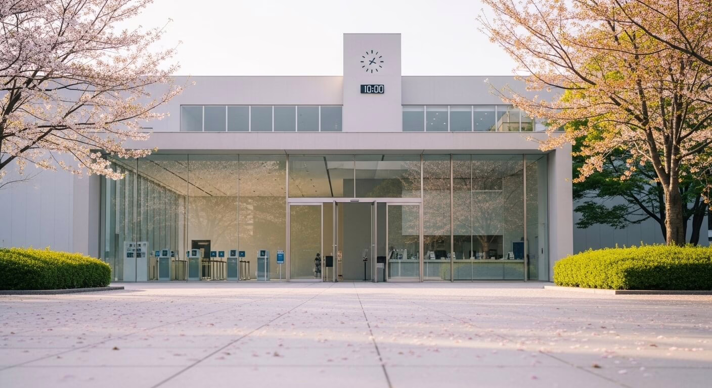 Modern glass building surrounded by cherry blossoms, symbolizing tranquility and contemporary architecture.