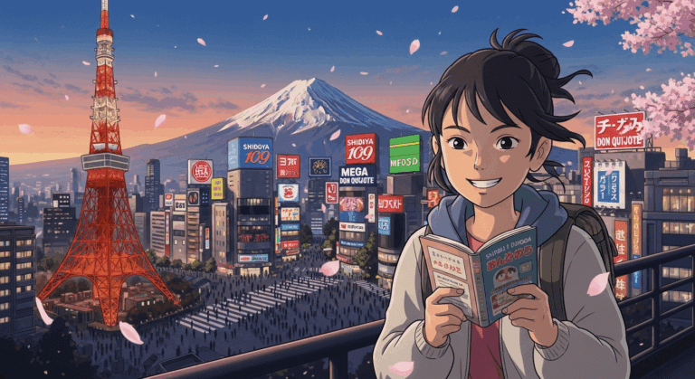 A cheerful girl enjoys a guidebook with Tokyo Tower and Mount Fuji in the vibrant background, capturing Japan's charm.