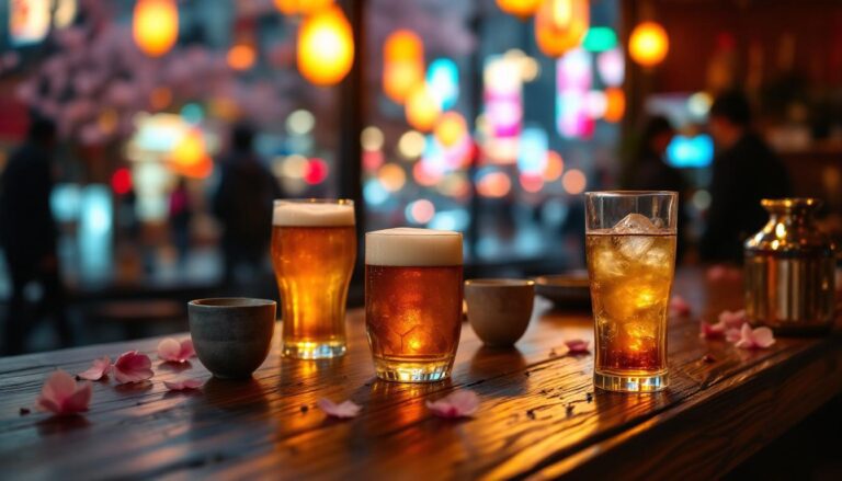 Craft beers and cocktails displayed on a rustic wooden table, surrounded by cherry blossoms, in a vibrant, atmospheric bar.